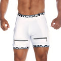 Gigo Tropixx white athletic shorts with black and white branded trim and two front zippered pockets