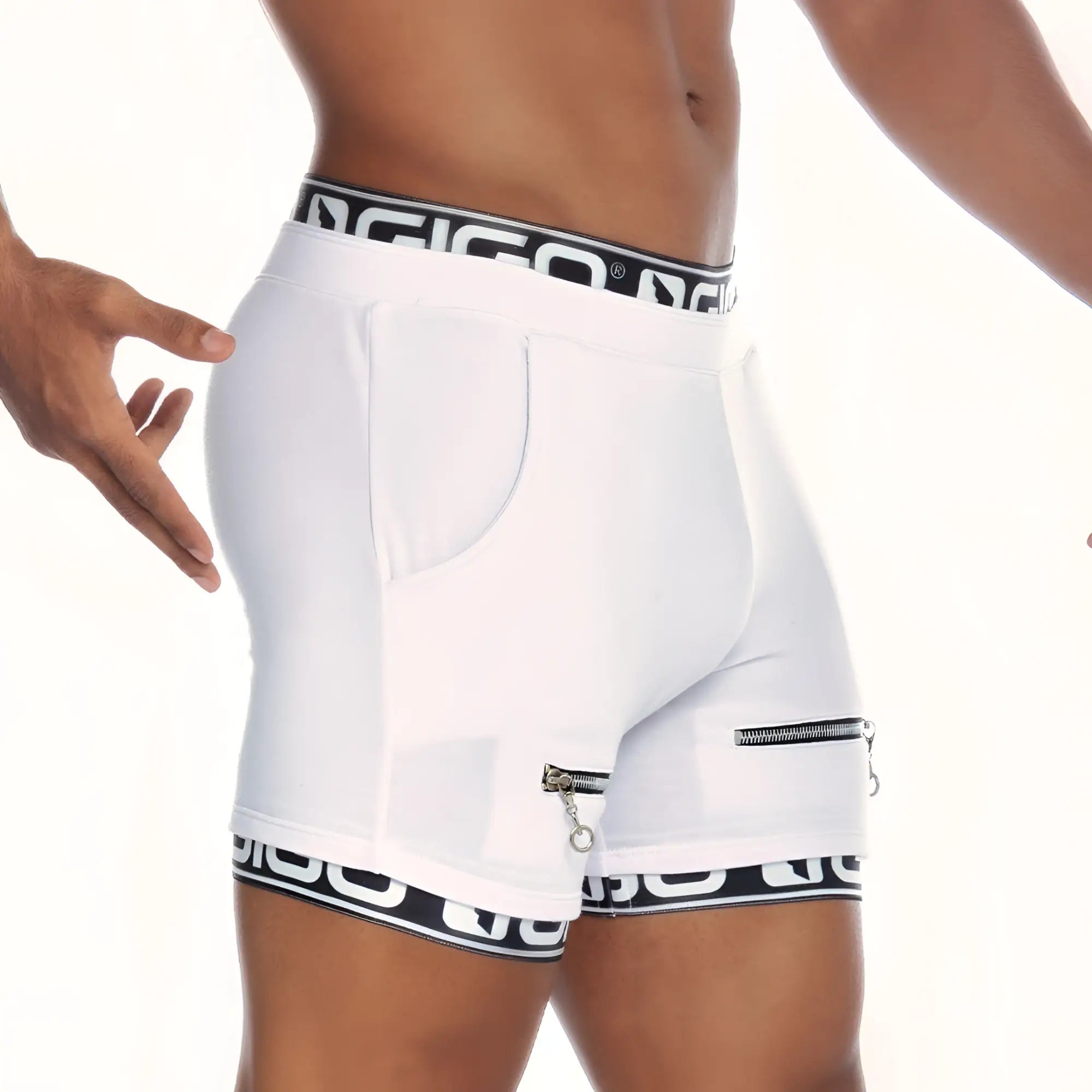 Gigo Tropixx white men’s athletic shorts with black and white patterned waistband and hem and side zipper pocket