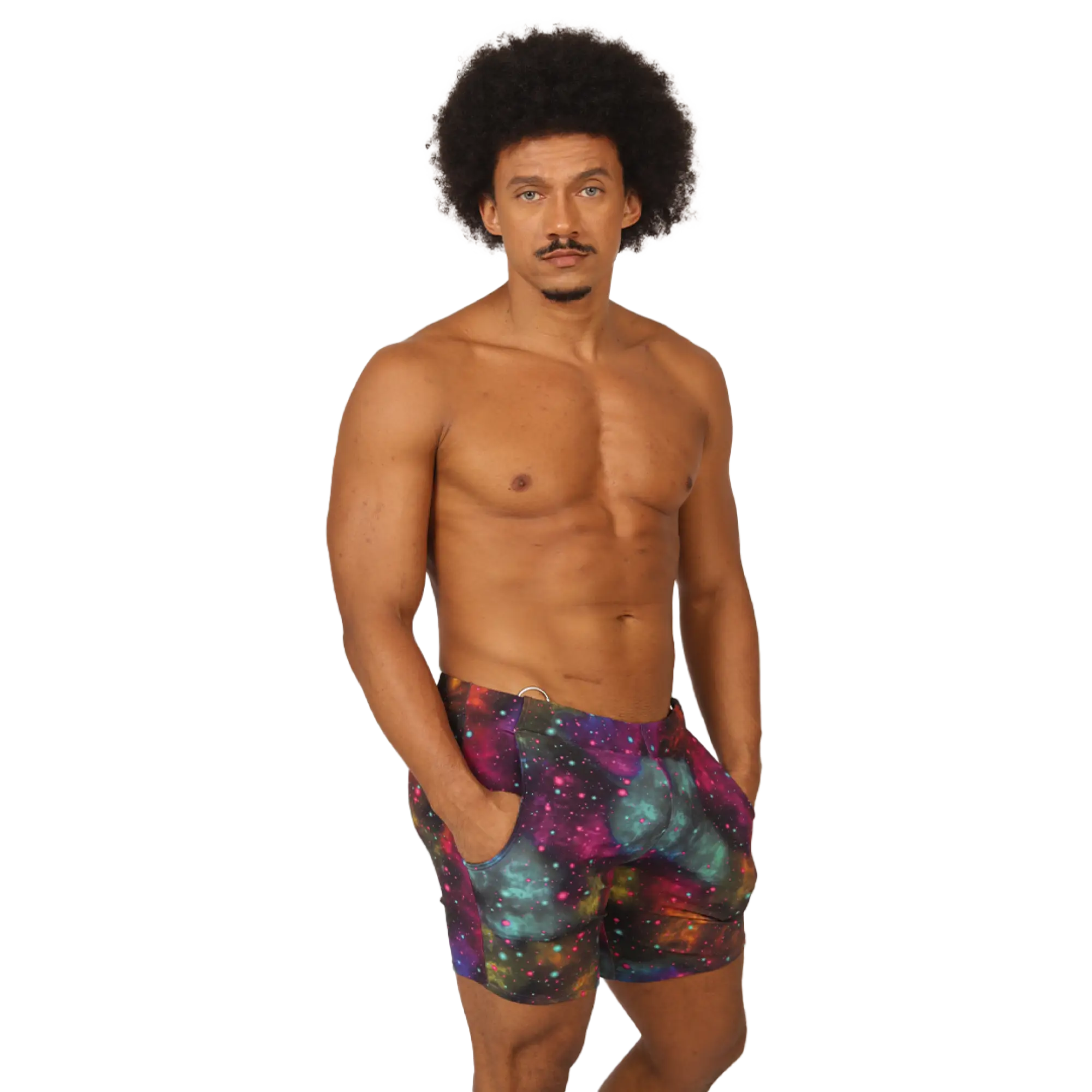 Men’s galaxy-print swim trunks in purple teal and pink cosmic nebula design from Gigo Universe Beachwear