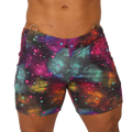 Vibrant Gigo Universe beachwear galaxy-print swim trunks with swirling nebulae in purple teal pink and orange on dark background