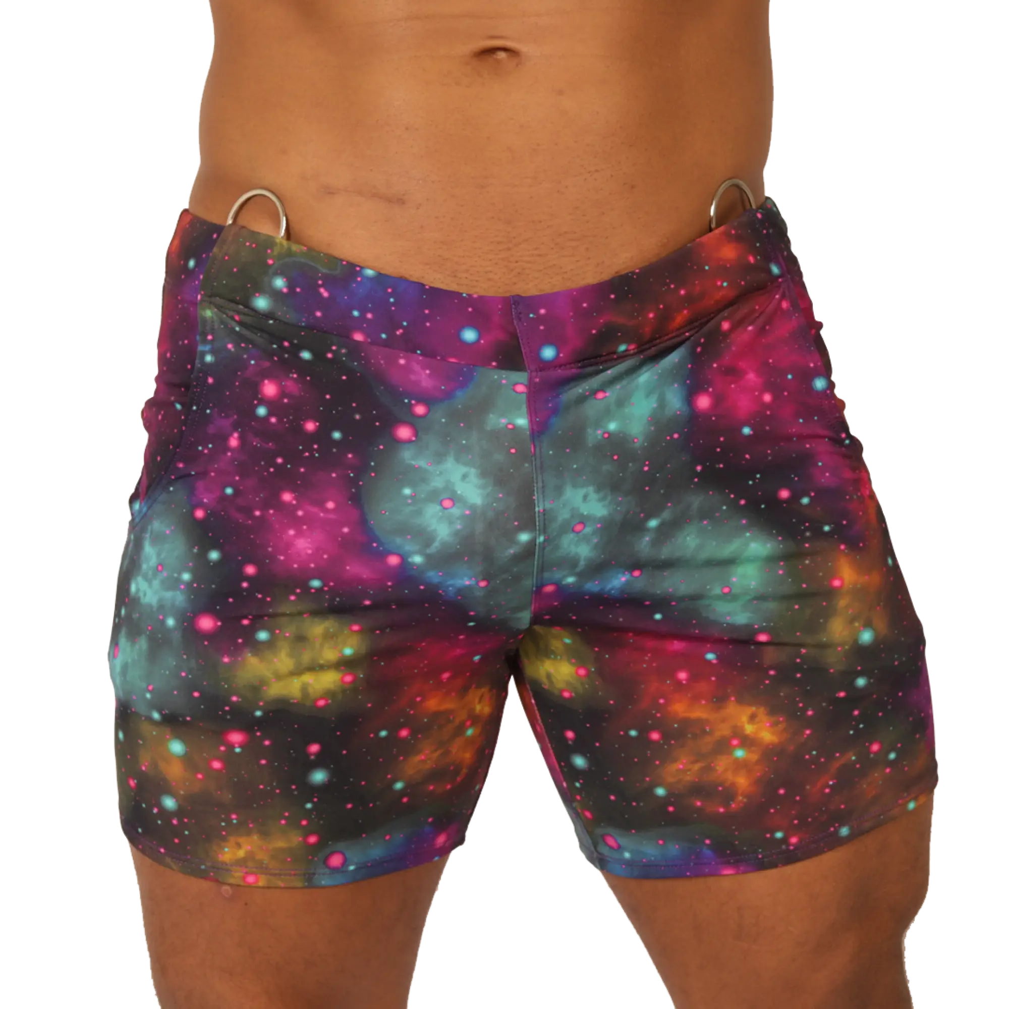 Vibrant Gigo Universe beachwear galaxy-print swim trunks with swirling nebulae in purple teal pink and orange on dark background