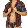 Vibrant gigo universe short-sleeved button-up shirt with bold galaxy print in purple teal pink and orange cosmic design
