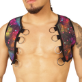 Vibrant galaxy-print neoprene vest harness with black straps and silver metal rings for secure fit
