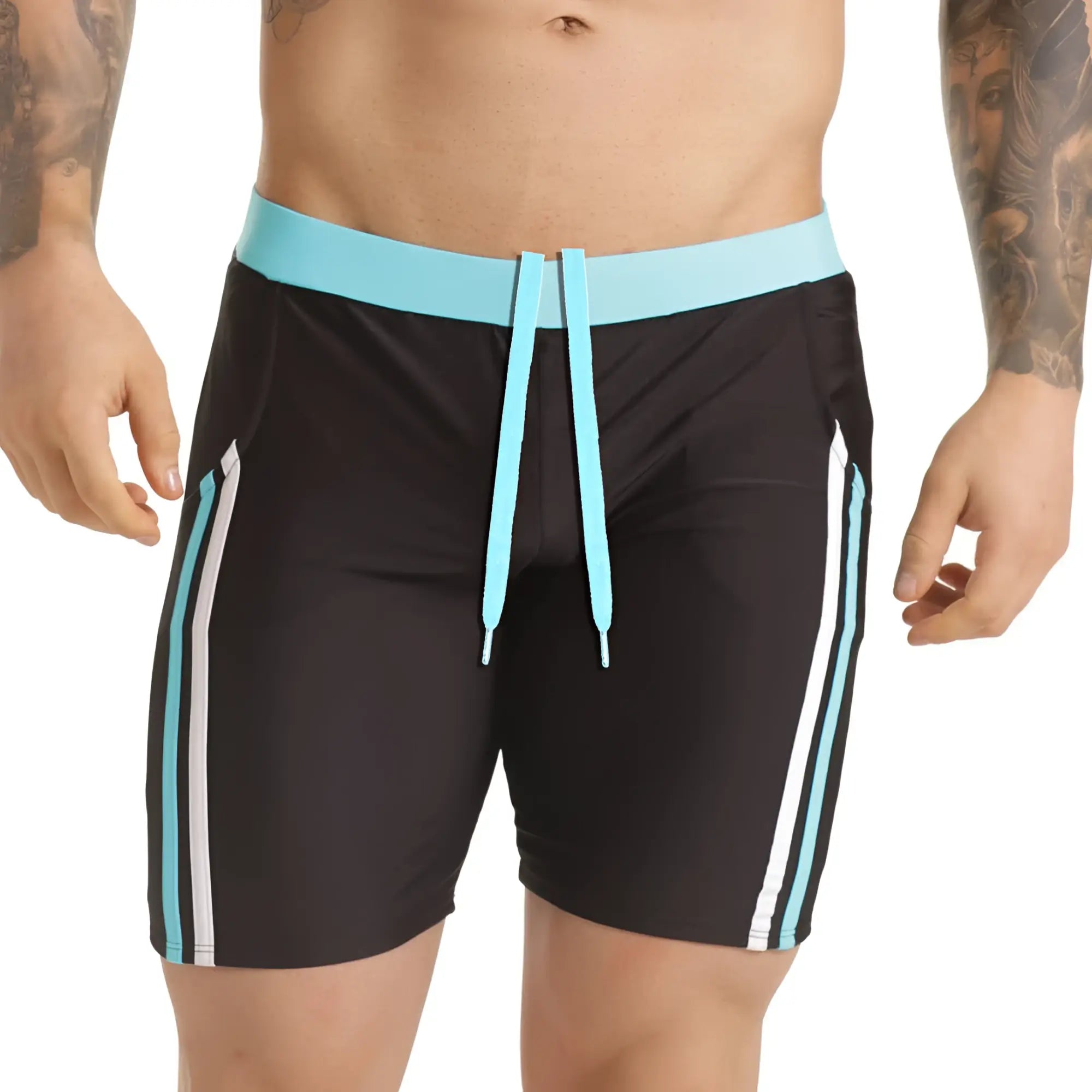 Black Gigo Versatil Blue beachwear swim trunks with light blue and white side stripes and matching waistband and drawstring