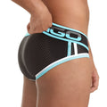 Black mesh gigo versatil blue brief with light blue and white trim and bold igo logo on waistband