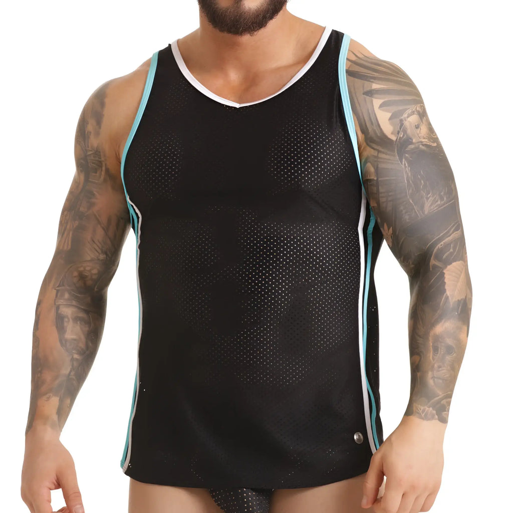 Black mesh tank top with light blue and white trim designed for versatile use in the gigo versatil blue tank