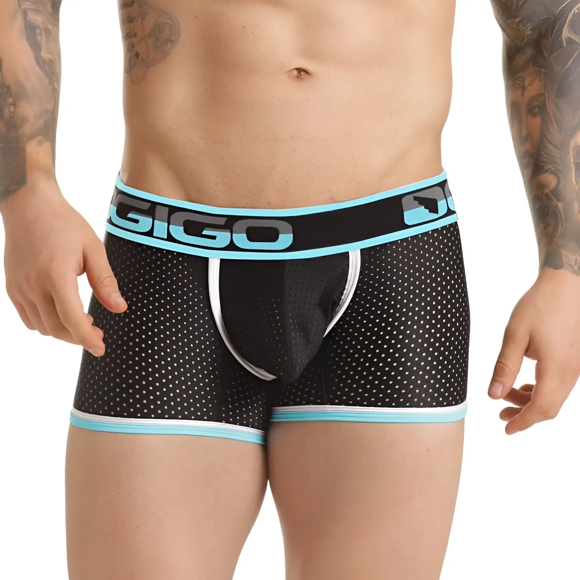 Black gigo men’s boxer briefs with light blue waistband and white dot pattern in versatile blue trunk design