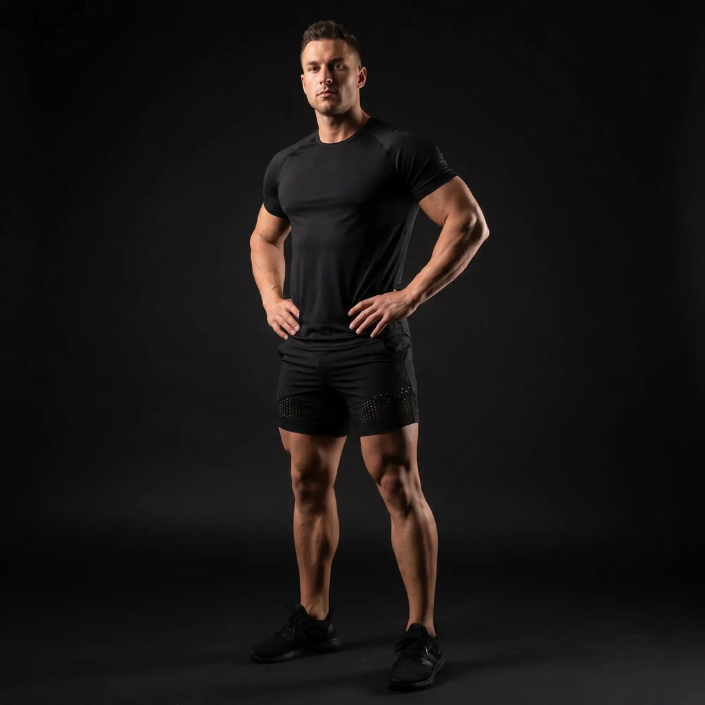 Gigo beachwear lifestyle banner — full-length athletic male model in bold olive swim shorts with dramatic editorial lighting