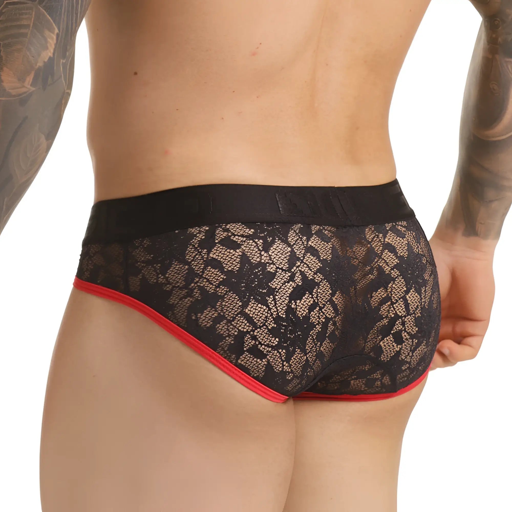 Gigo vibrant black brief made of black lace with red trim and a black elastic waistband front view