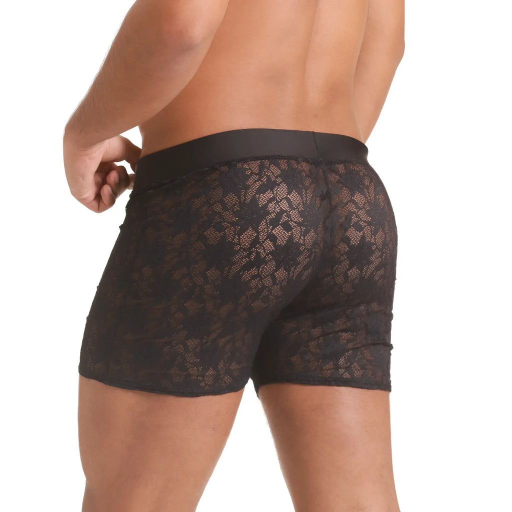 Black lace boxer briefs with solid black elastic waistband from gigo vibrant black hotshort collection