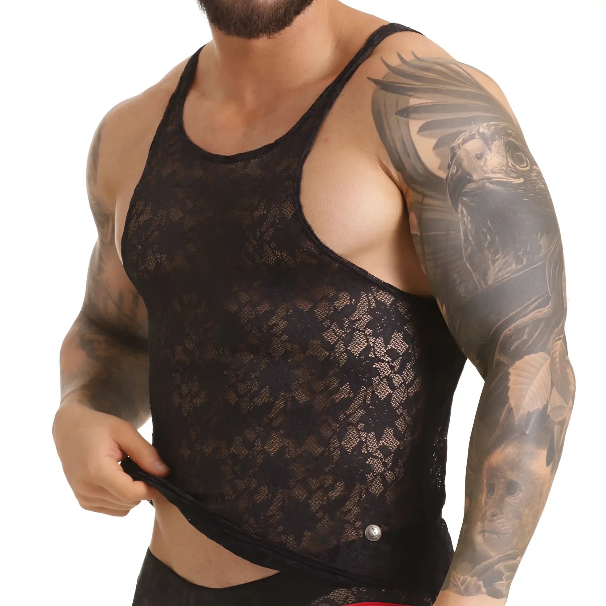 Black lace tank top with delicate floral pattern and thin straps from Gigo vibrant black tank collection