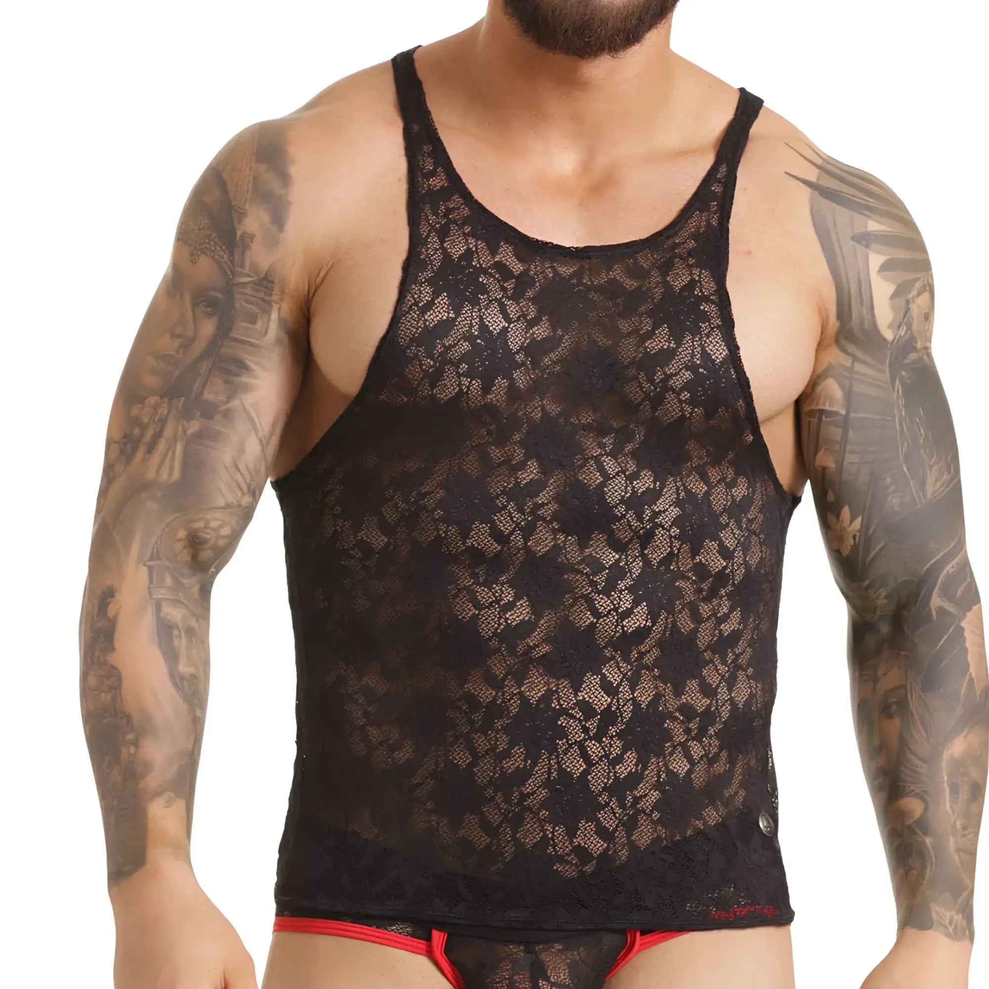 Black lace tank top with intricate floral patterns from Gigo vibrant black tank collection