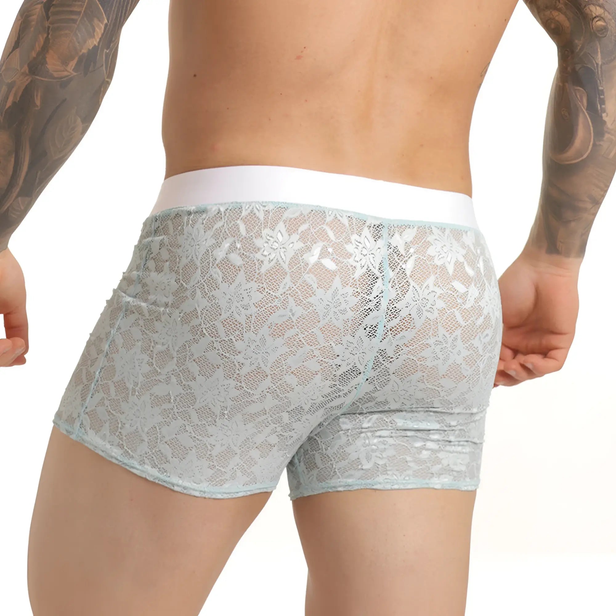 Light blue lace boxer briefs with white elastic waistband from gigo vibrant blue hotshort collection