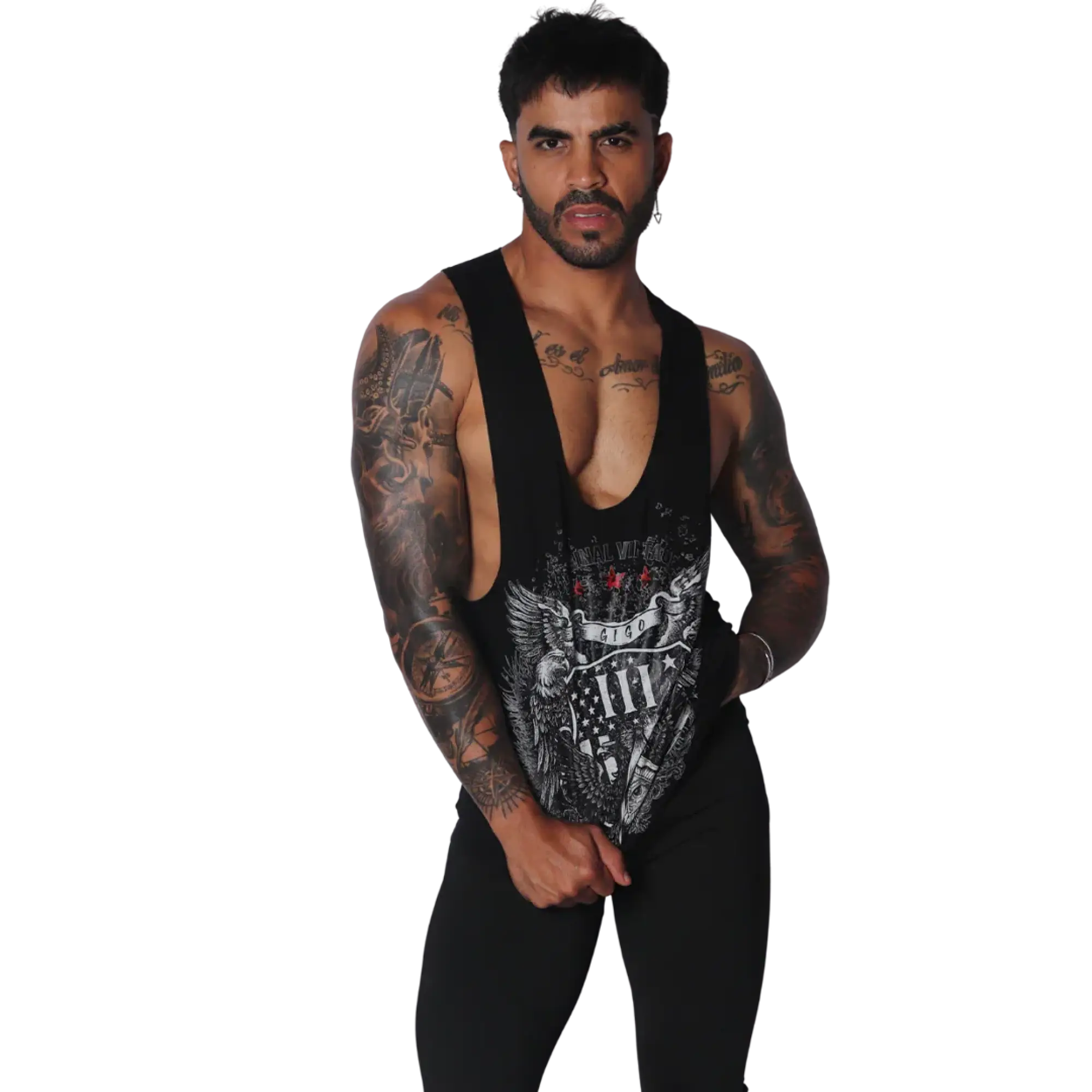 Black deep-scoop muscle tank with vintage-style eagle and flag graphic print on the chest.