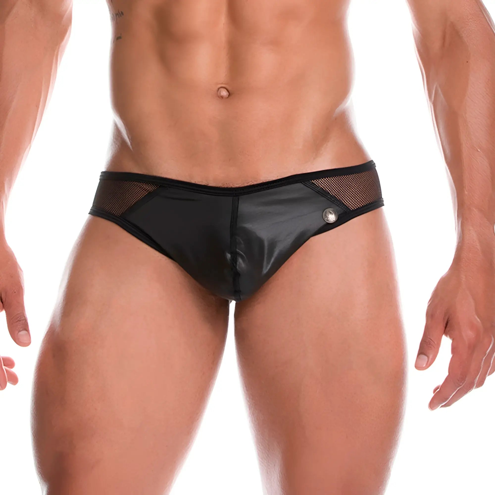 Black mesh and patent leather gigo wild brief with silver button detail on front for a bold stylish look
