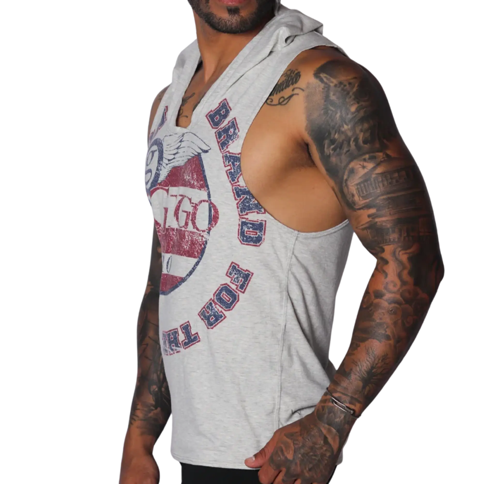 Light gray sleeveless hoodie t-shirt with a vintage-style red and blue "Gigo" wing graphic on the chest.