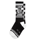 Black and white crew socks with bold i give the best blow jobs text and striped accents on calf