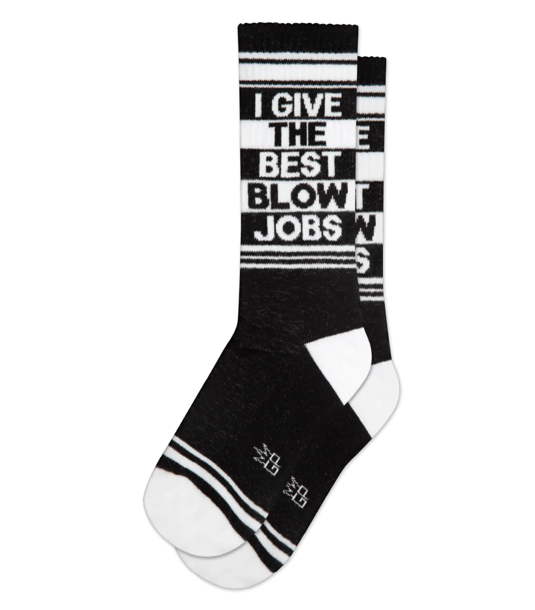 Black and white crew socks with bold i give the best blow jobs text and striped accents on calf and white toe and heel sections