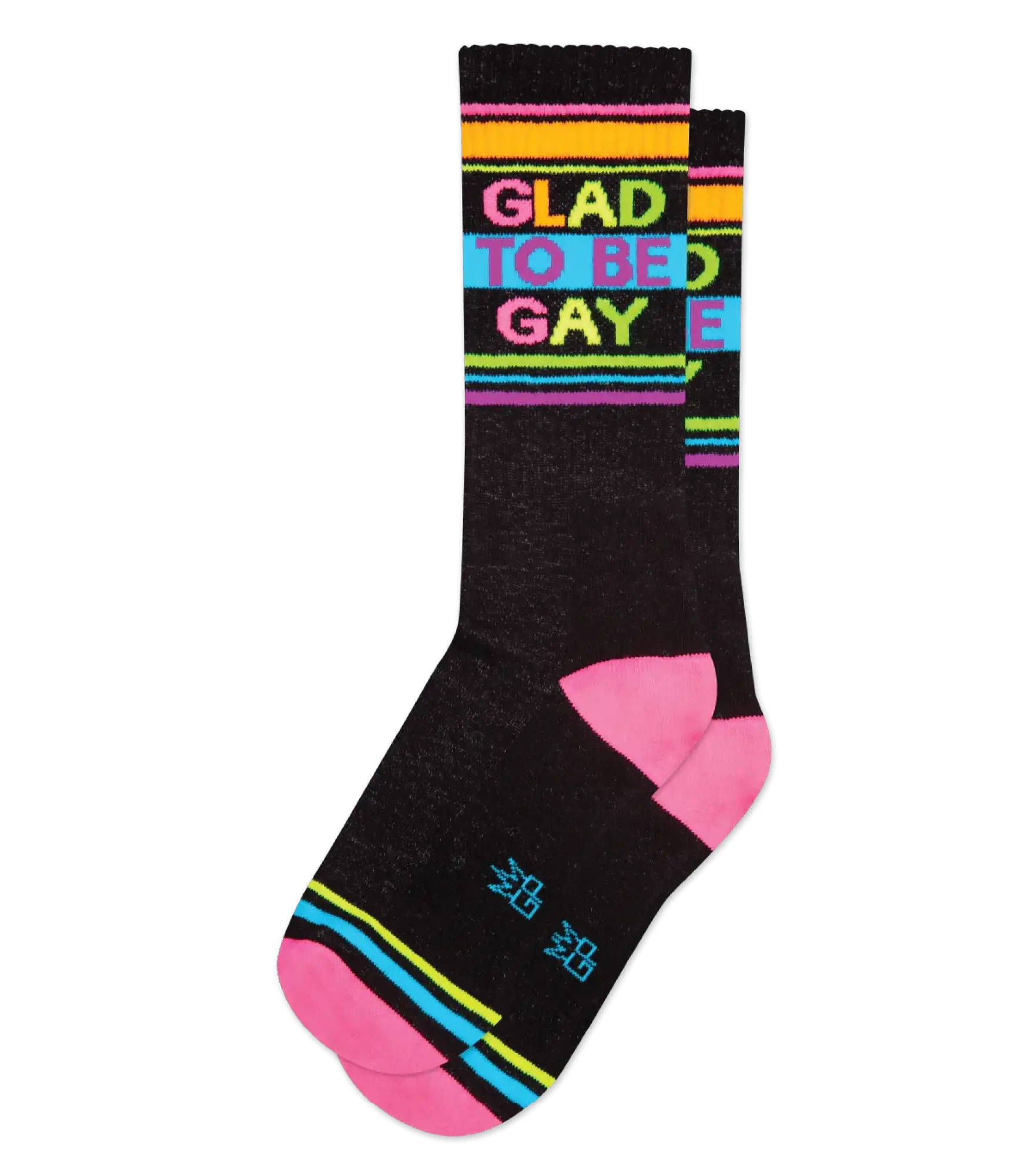 Black crew socks with vibrant rainbow stripes and glad to be gay in bold colorful letters across the top