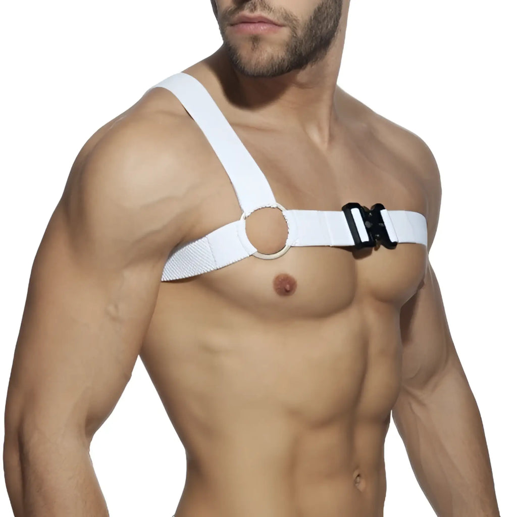White gladiator clip harness adjustable with black buckle and circular metal ring for secure fit