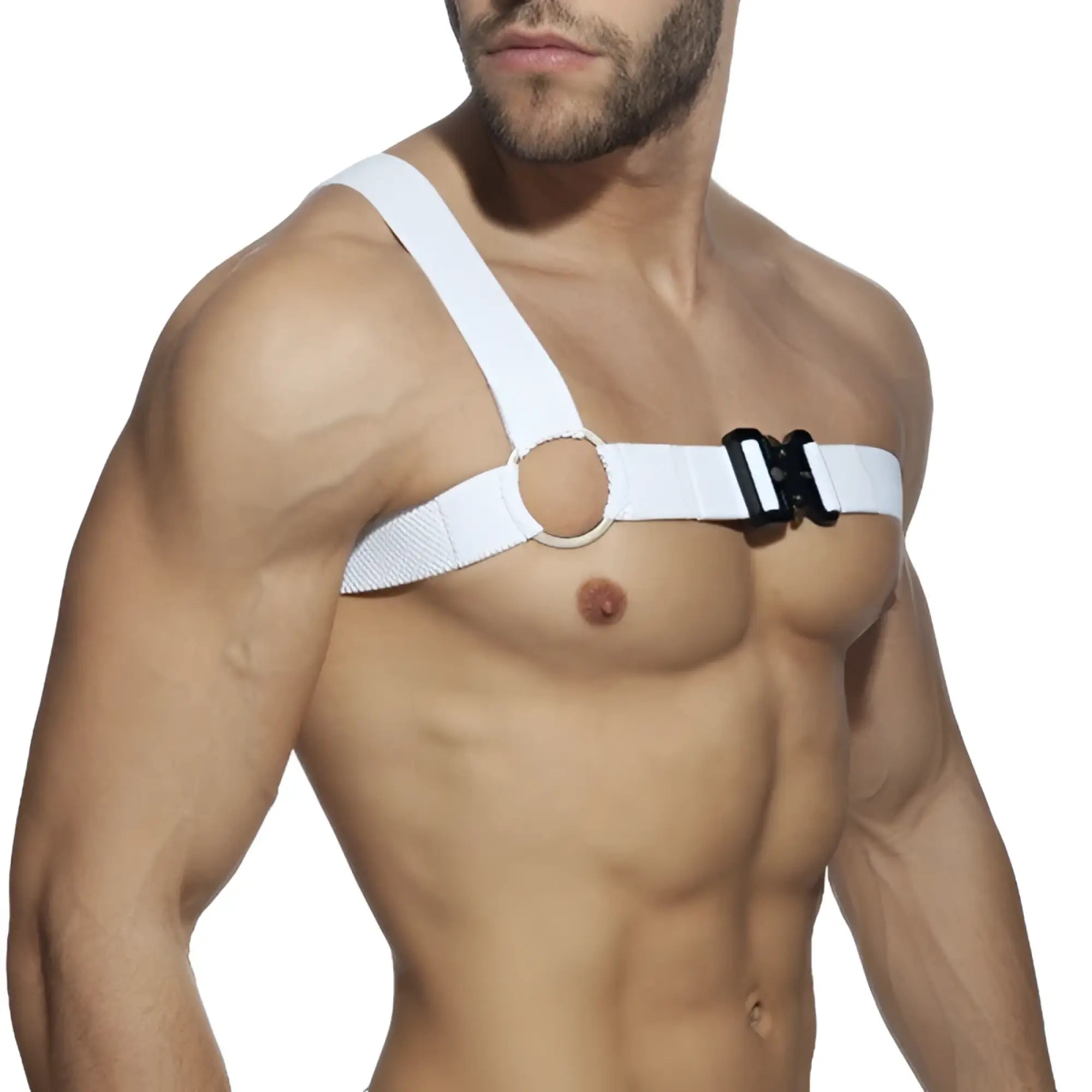 White gladiator clip harness adjustable with black buckle and circular metal ring for secure fit