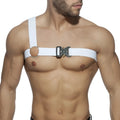 White webbing gladiator clip harness with black plastic buckle and circular metal ring for secure fastening