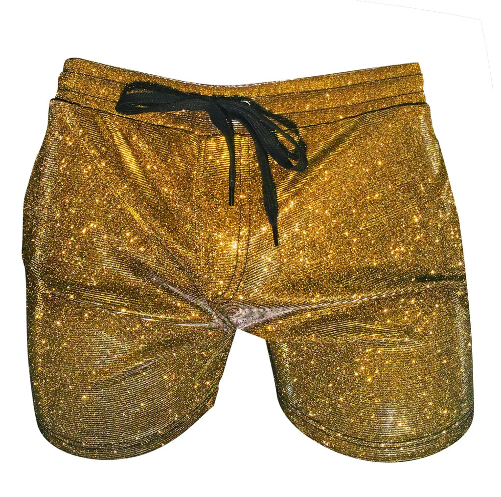 Gold glitter booty shorts with a black drawstring waistband made of sparkling fabric for festive wear