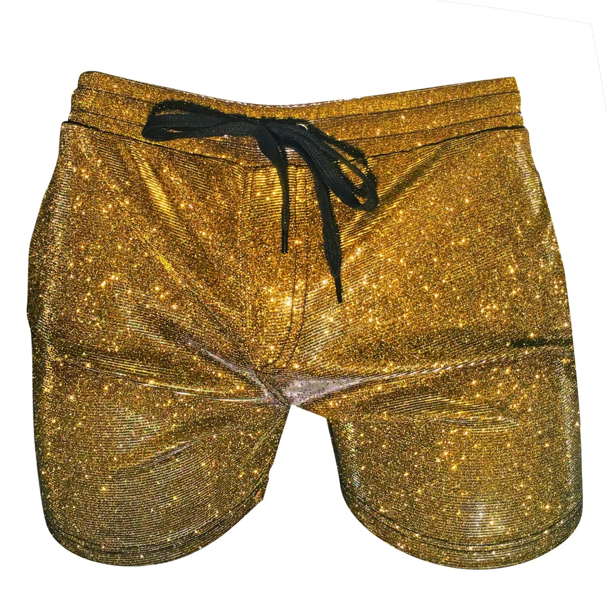 Gold glitter booty shorts with a black drawstring waistband made of sparkling fabric for festive wear