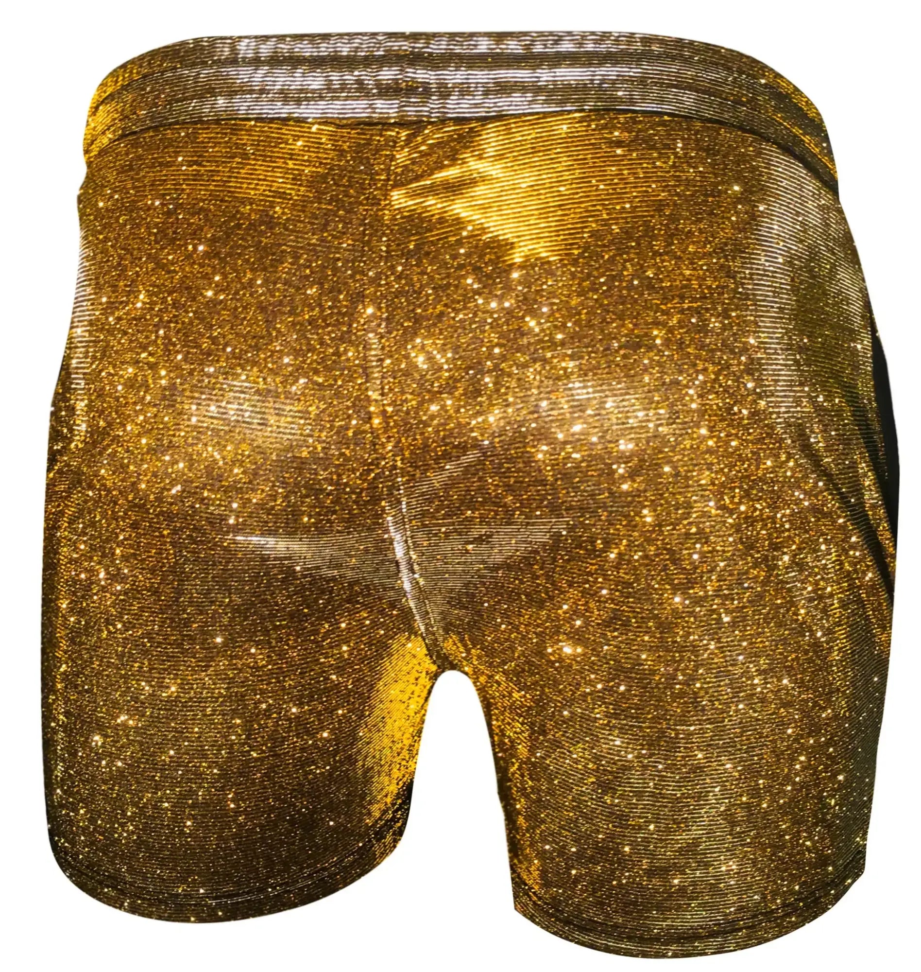 Golden glitter booty short with shimmering starry texture and metallic waistband perfect for festive wear