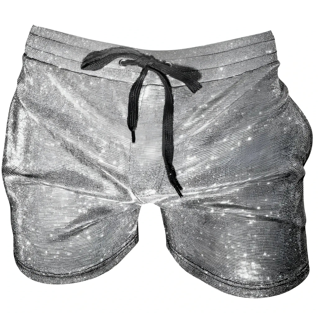 Shiny silver glitter booty shorts with star patterns and a black drawstring waistband for stylish wear