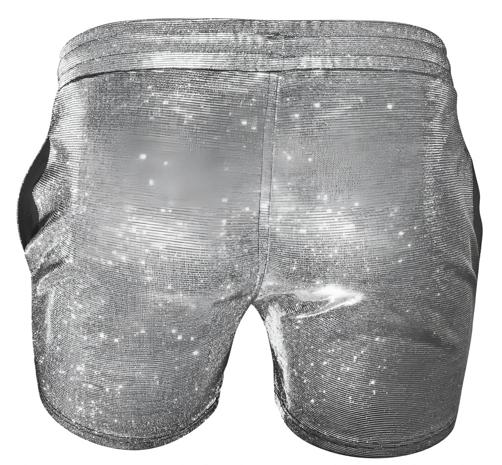 Sparkling silver sequined glitter booty short with textured glittery fabric and elastic waistband