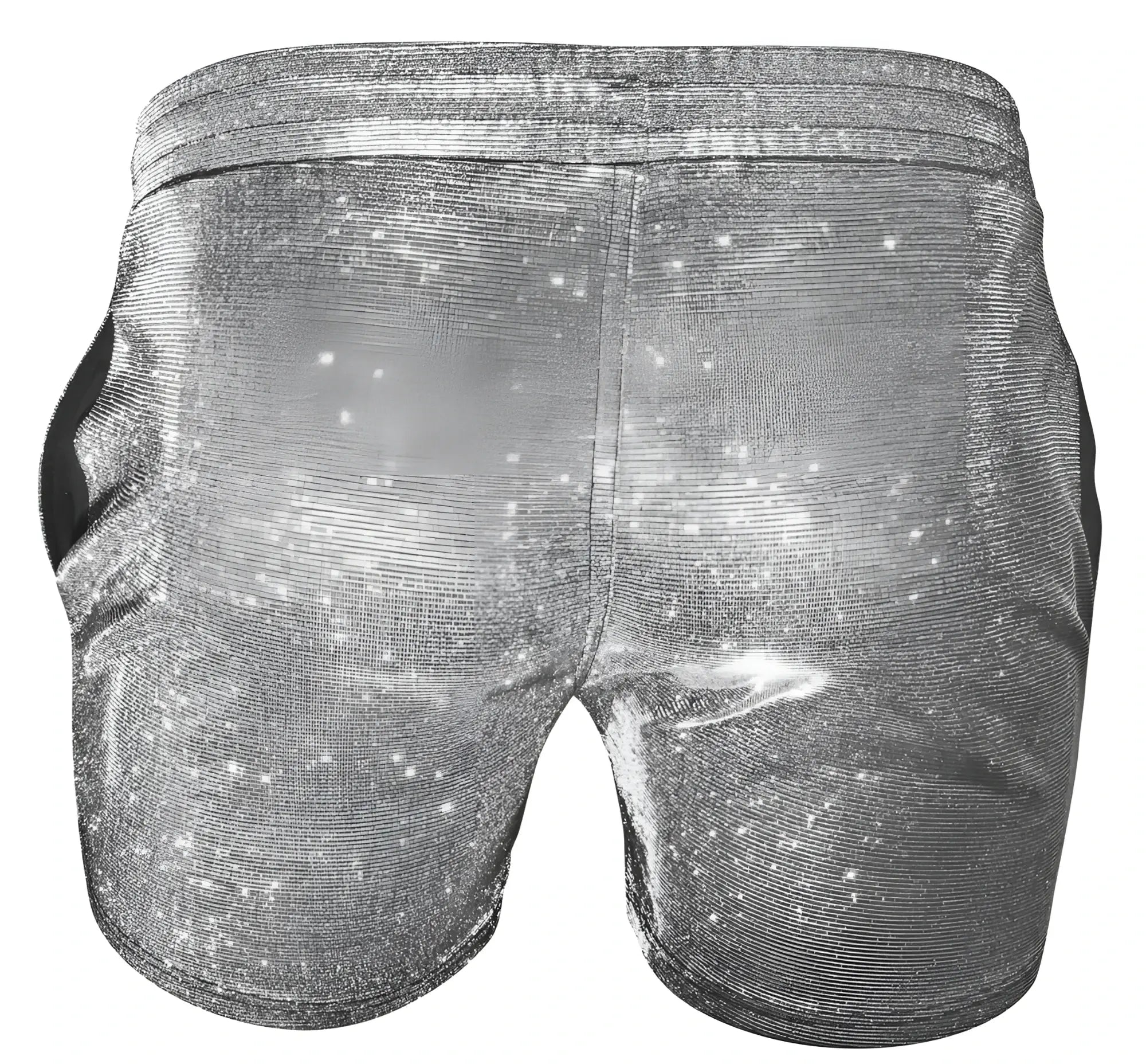 Sparkling silver sequined glitter booty short with textured glittery fabric and elastic waistband