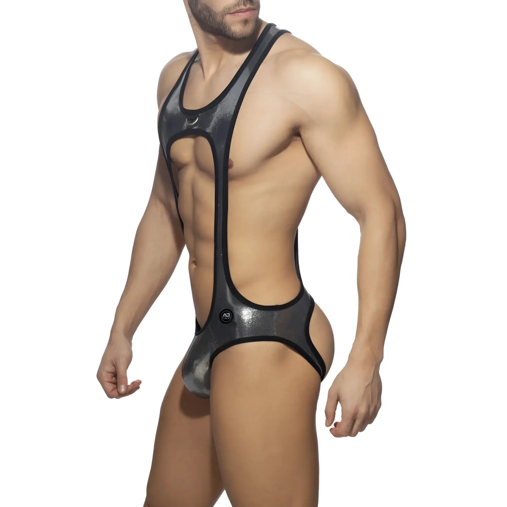 Black and silver metallic glitter bottomless bodysuit with a sleek, form-fitting design