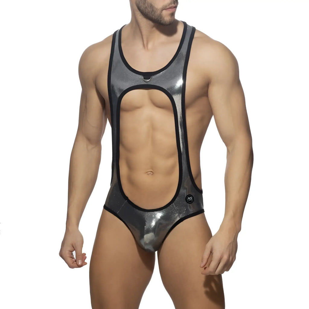 Shiny metallic silver one-piece bodysuit with black trim and cutout design in glitter bottomless style