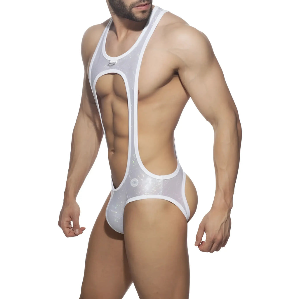 White transparent mesh singlet bodysuit with white trim and subtle glittery speckles from glitter bottomless bodysuit
