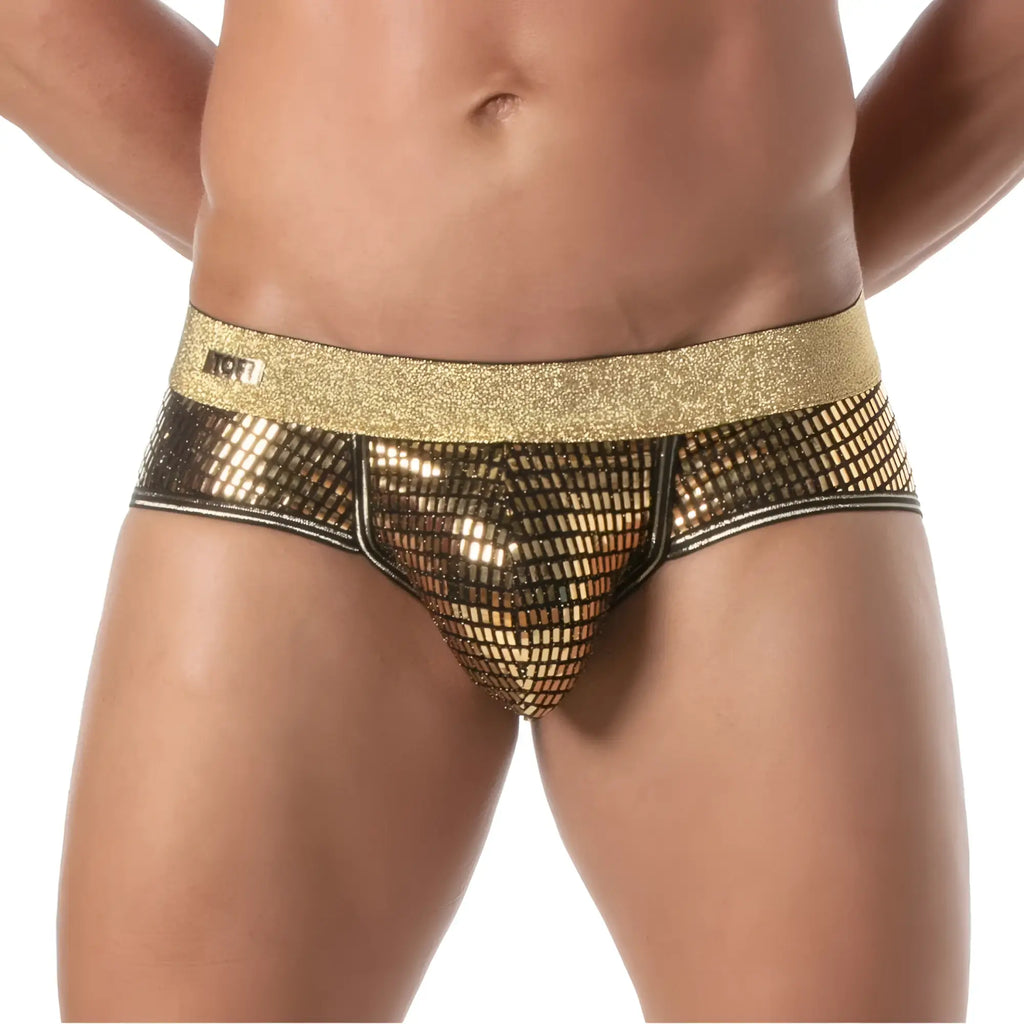 Gold sequined brief with glittery waistband and black trim from the glitter brief collection