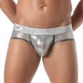 Shiny silver glitter brief mesh briefs with a glittery waistband and black trim for stylish comfort