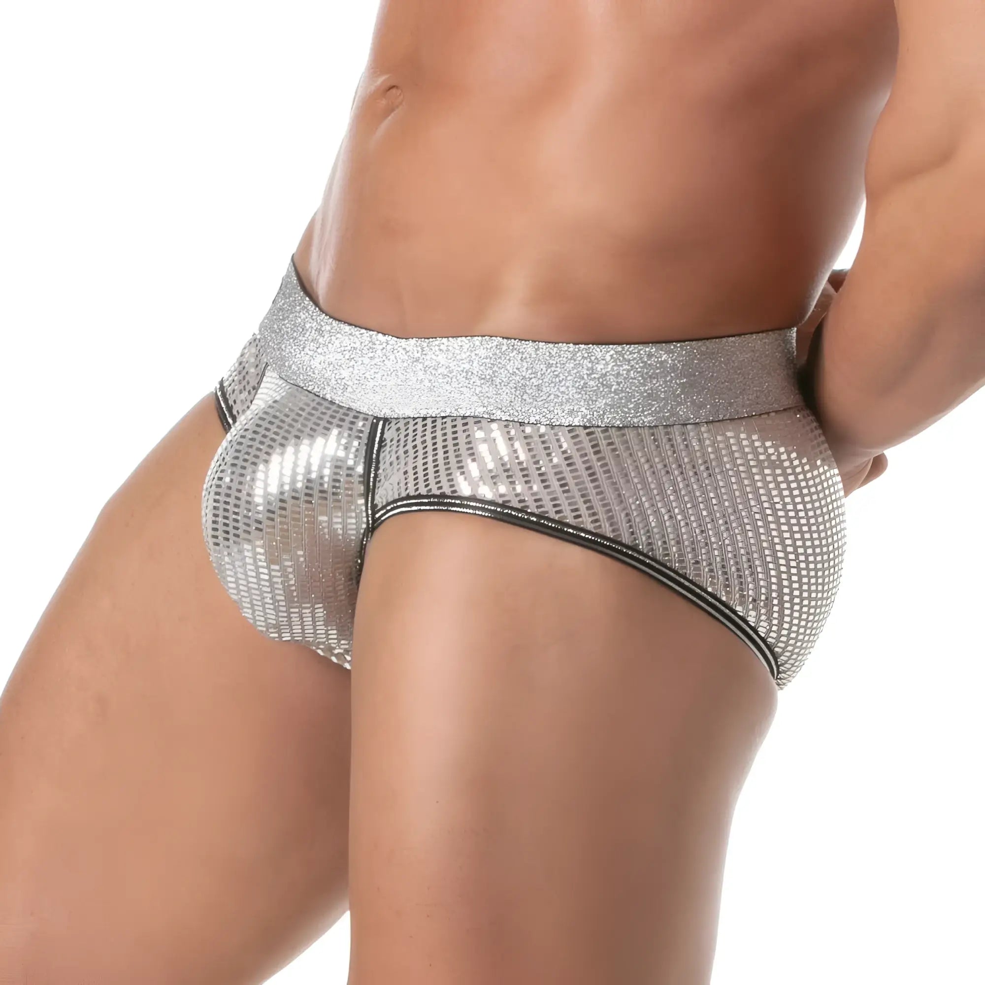 Silver sequined glitter brief with a glittery waistband and black trim for stylish and festive wear