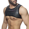 Black holographic mesh tank top with zipper pocket from glitter harness featuring sleek breathable design