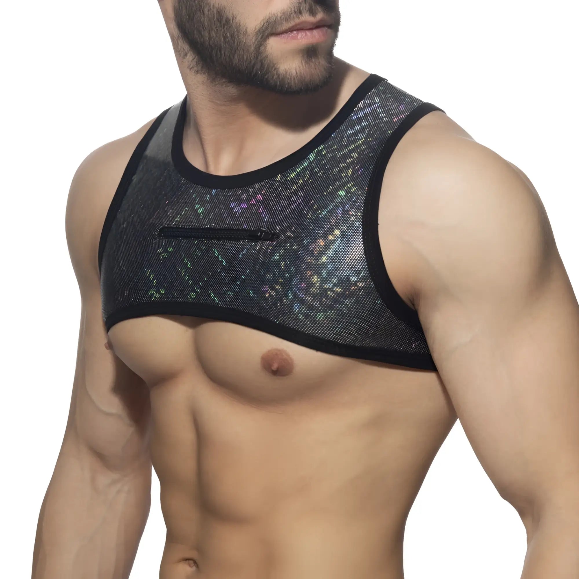 Black holographic mesh tank top with zipper pocket from glitter harness featuring sleek breathable design