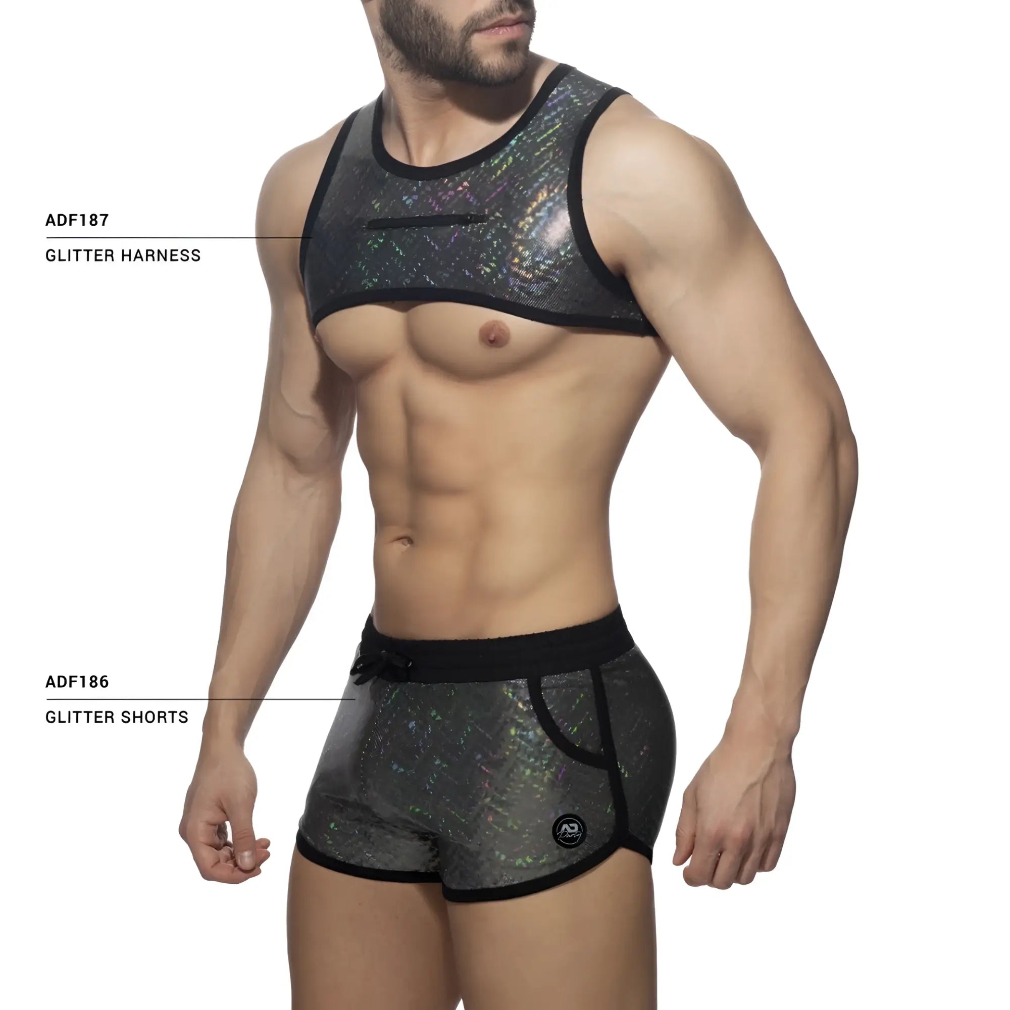Glitter harness black and iridescent glitter mesh harness with matching shorts shown from the front