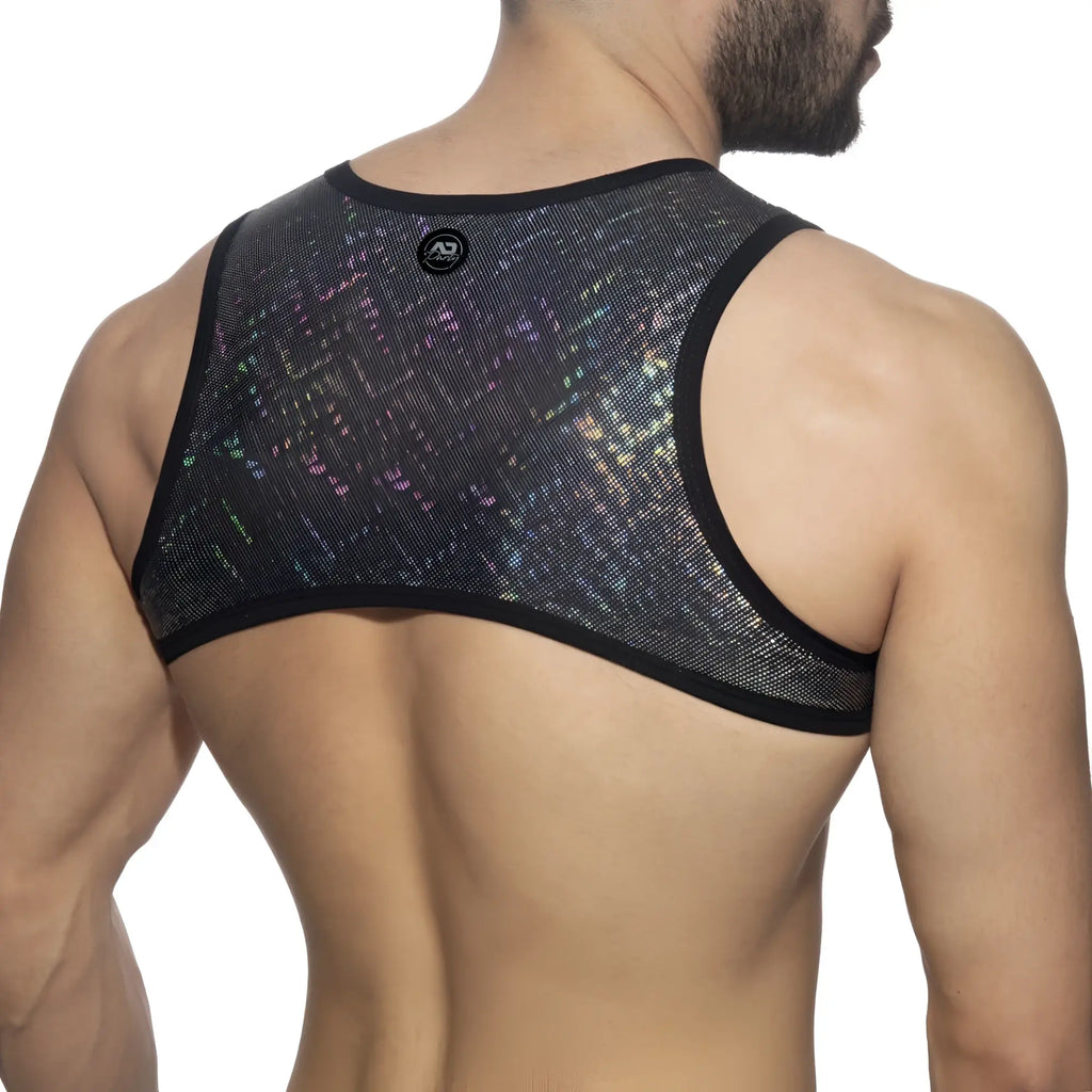 Black mesh glitter harness tank top with iridescent starry pattern and black trim for edgy fashion looks