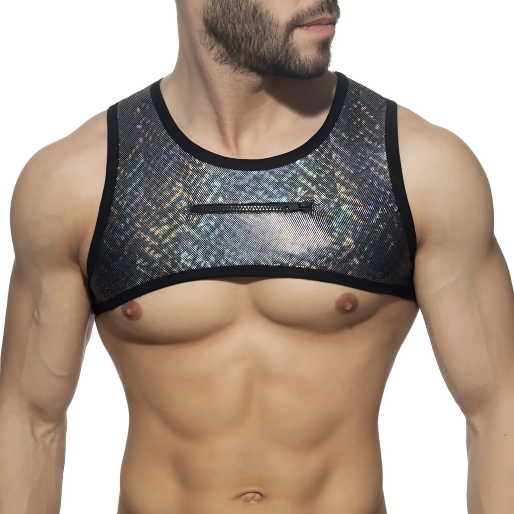 Black and silver holographic mesh glitter harness tank top with central zipper for edgy fashion looks