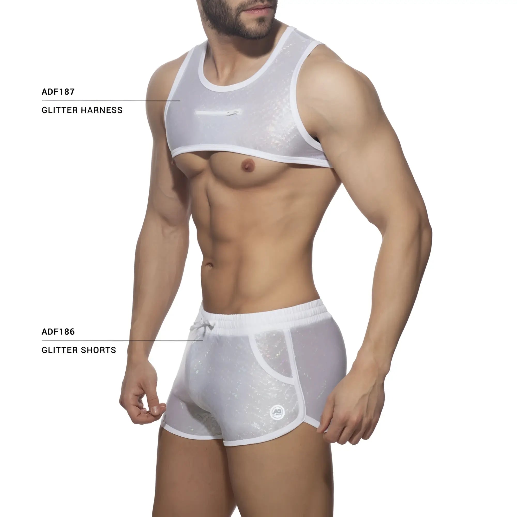 White glitter mesh harness and shorts set featuring a sparkling design in the back from the glitter harness collection