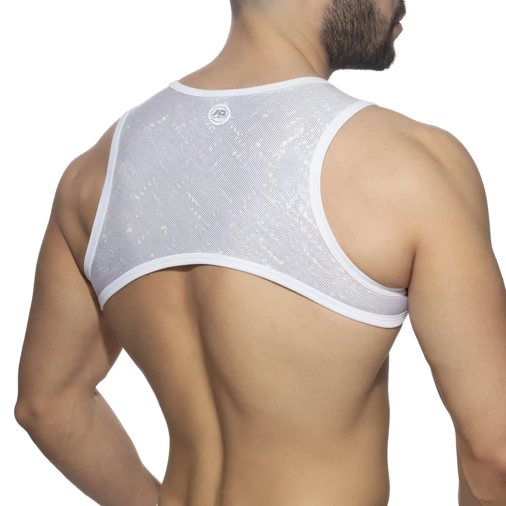 White mesh tank top with subtle glittery texture and white trim from the glitter harness collection
