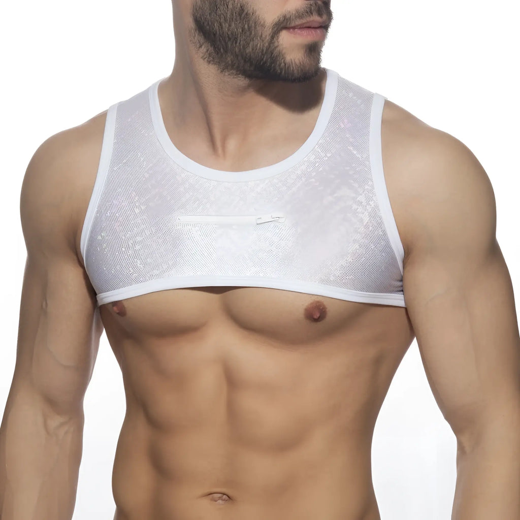 White mesh tank top with subtle textured pattern and white trim from glitter harness collection