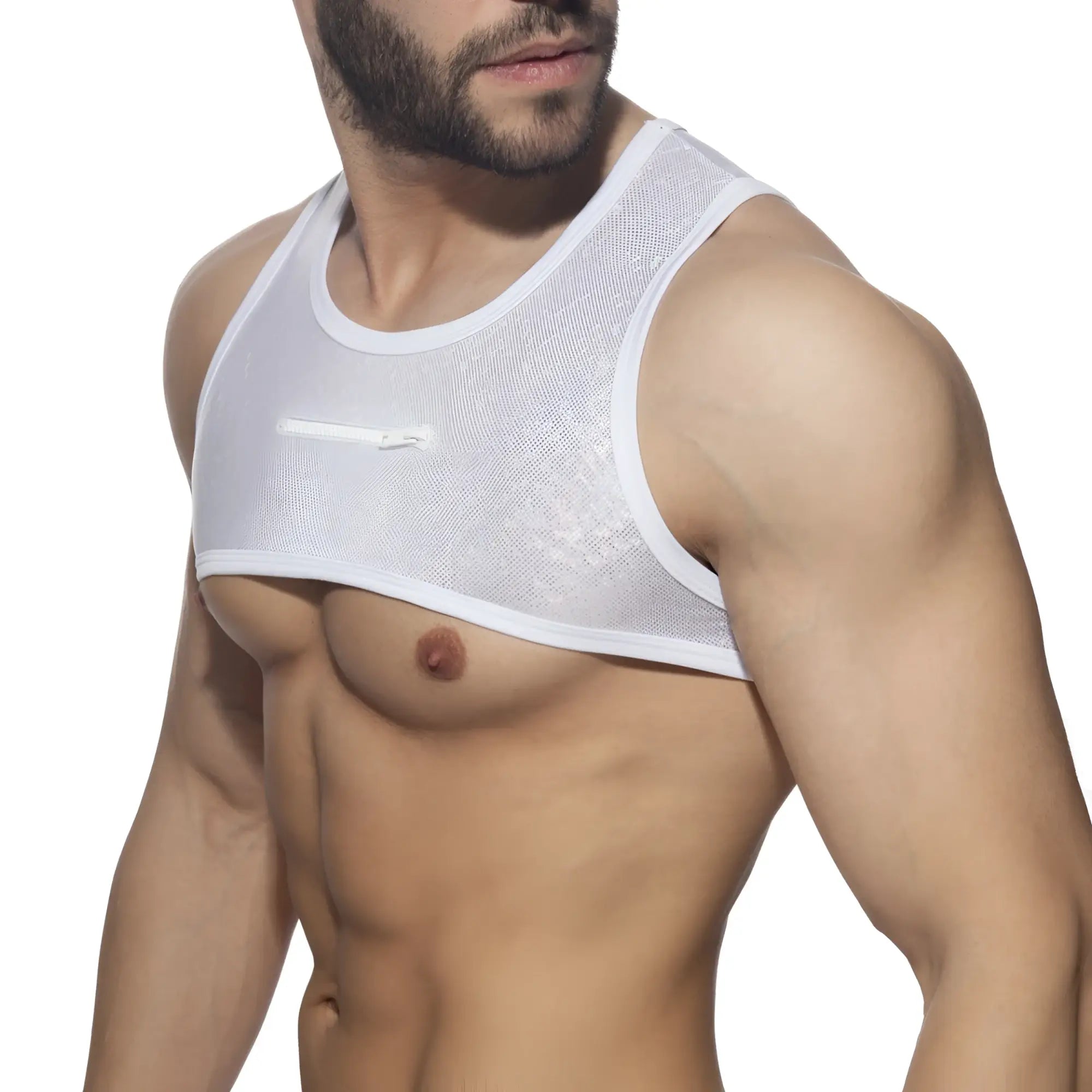 White mesh tank top glitter harness with small zipper detail on the chest for stylish layering