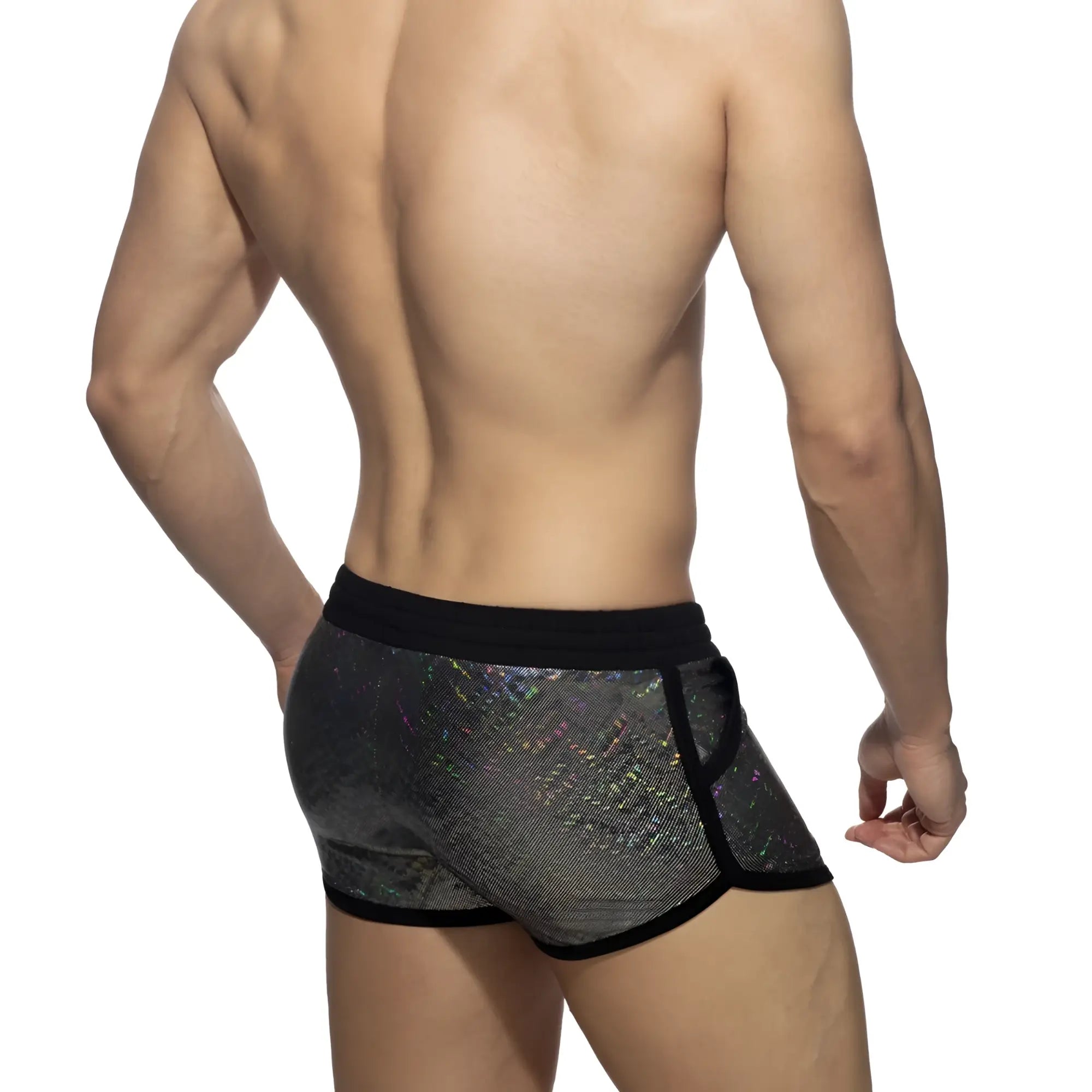 Glitter short black and silver holographic mesh shorts with a breathable design for stylish activewear
