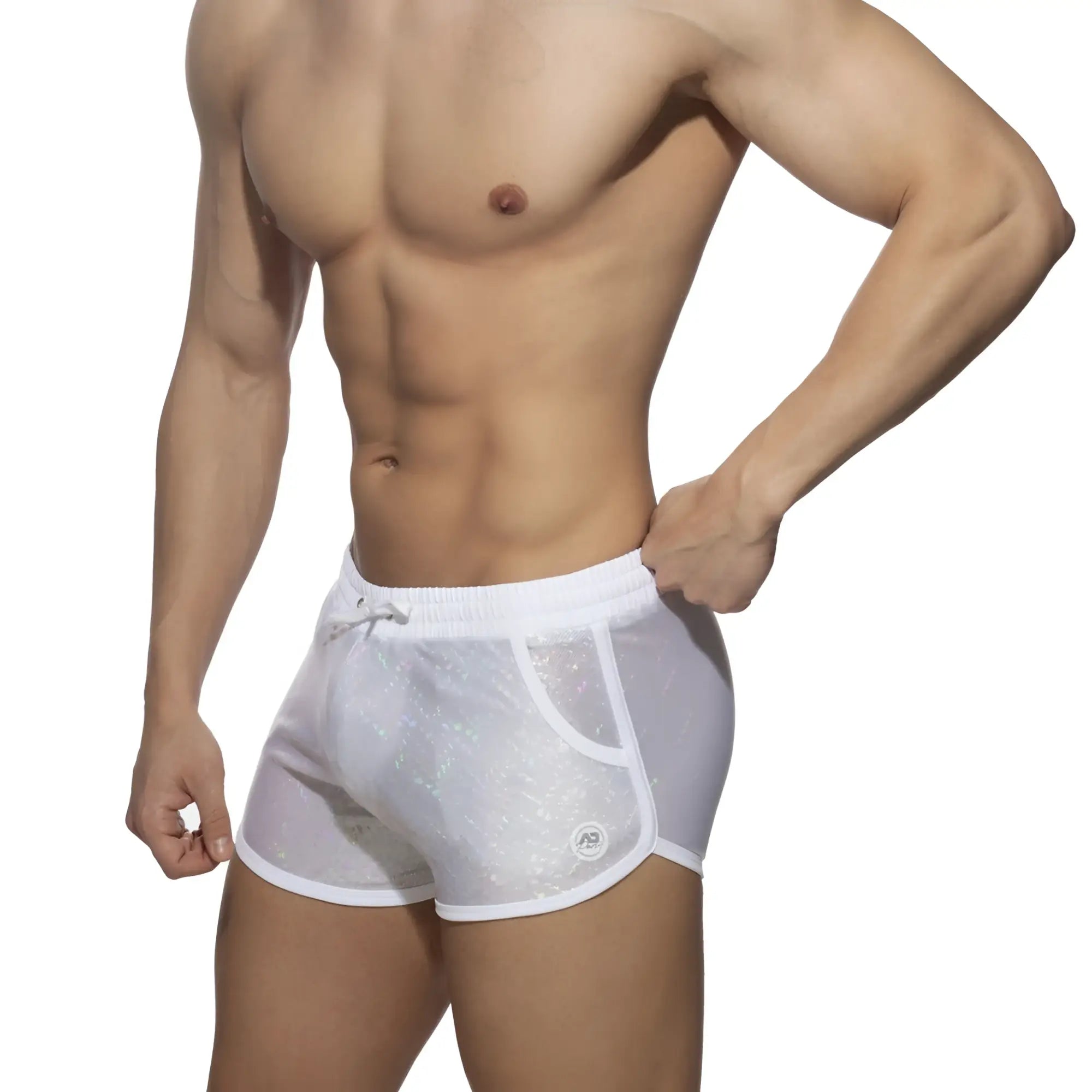 White mesh swim trunks with subtle shimmering pattern and white trim from glitter short collection