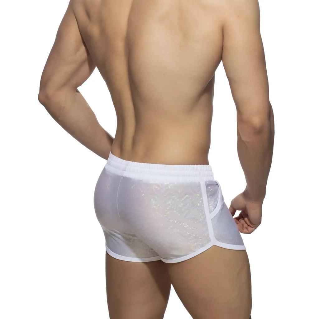White translucent mesh glitter short with subtle iridescent pattern and white elastic waistband